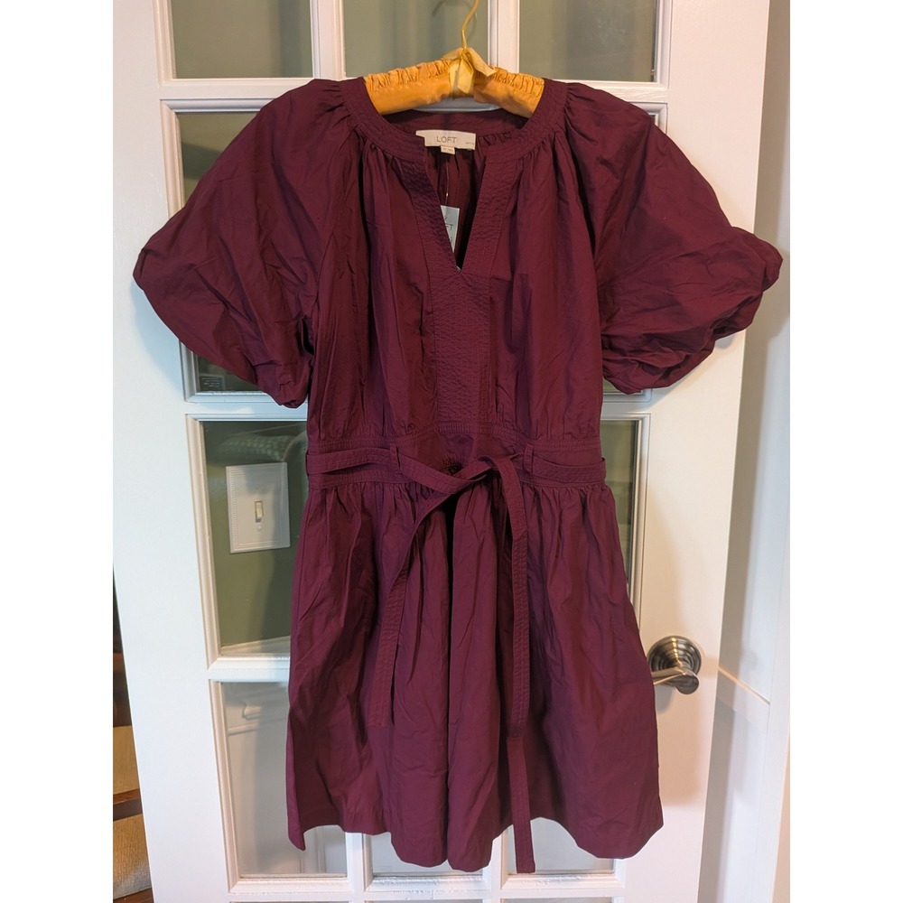 LOFT Petite Burgundy V-Neck Puff Sleeve 100% Cotton Tie Waist Dress Size 8P NEW